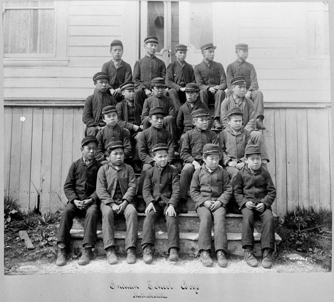 Students pose for photo outside Metlakatla Indian Residential School in Metlakatla, B.C.