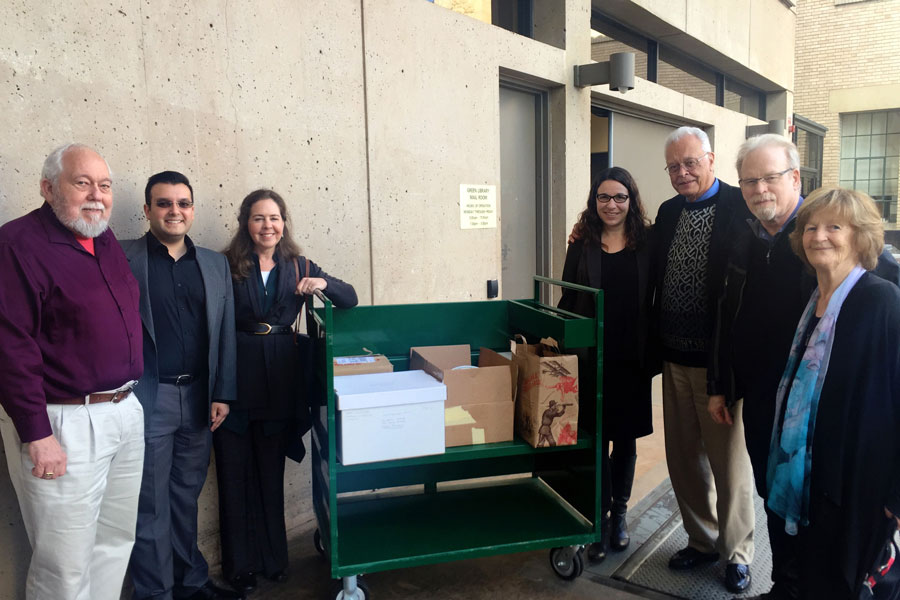 The Daniel C. Jordan archive delivered to Stanford University Library. From L-R: John Eilts, Nicholas Mentha, Shirin Coleman, Sonia Lee, Don Streets, David Langness, Nancy Jordan. Photo credit: Deanne LaRue.