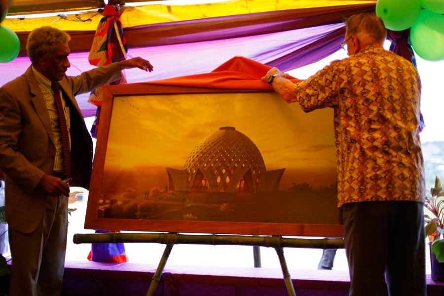 The Secretary of the National Assembly of PNG and Rodney Hancock present the design of the national temple to the audience.