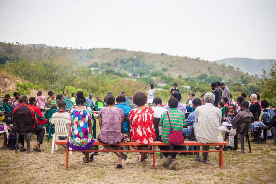 Community members in Port Moresby, Papua New Guinea, gather for prayers at the Temple’s site in August, before construction began.