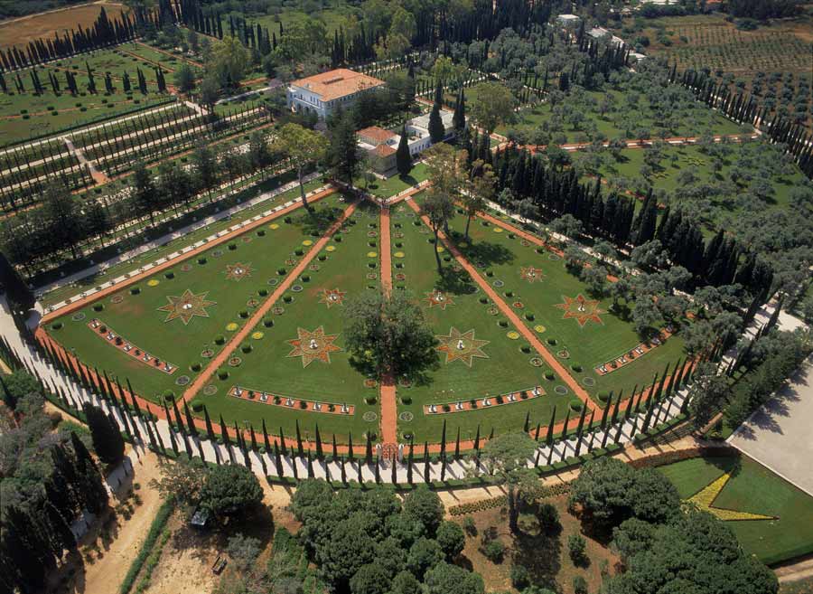 Aerial view of the Shrine of Bahá’u’lláh, the Mansion of Bahjí, and surrounding gardens