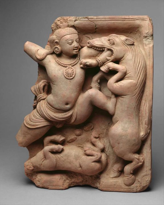 5h century relief sculpture of Krishna Killing the Horse Demon Keshi.