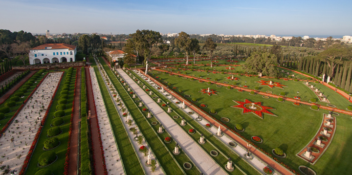 Aerial view of the Shrine of Bahá’u’lláh and Mansion of Bahjí where Baha’u’llah spent his last days.