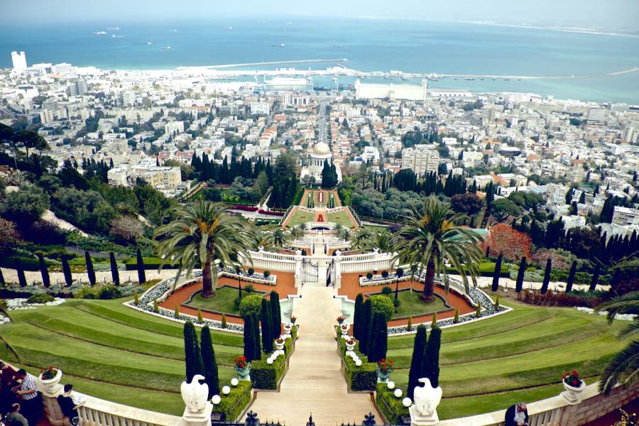 A view over the Bahá’í gardens and the Shrine of the Báb in Haifa, Israel