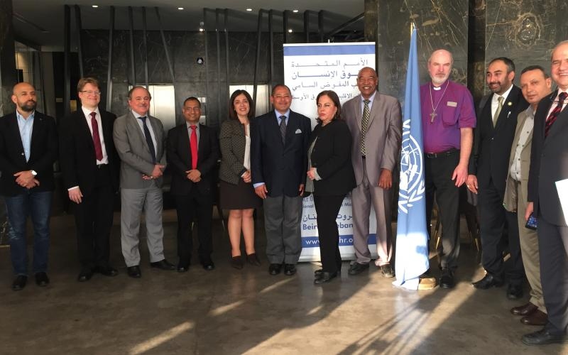 Several of the participants at the meeting of experts on "Faith for Rights," organized by the Office of the United Nations High Commissioner for Human Rights in Beirut from 28-29 March 2017. Among those pictured are Ahmed Shaheed, UN Special Rapporteur on freedom of religion or belief, and Diane Ala’i, representative of the BIC to the UN in Geneva (fourth and fifth from the left, respectively).