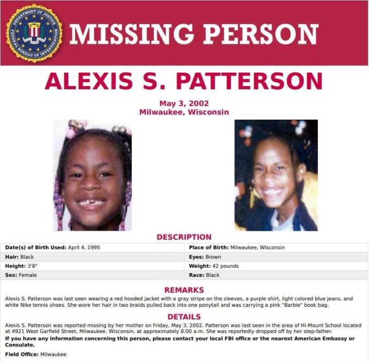 The FBI’s missing person flyer for Alexis Patterson