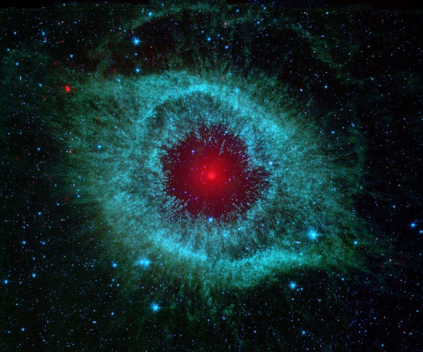 This infrared image from NASA’s Spitzer Space Telescope shows the Helix Nebula, a cosmic starlet often photographed by amateur astronomers for its vivid colors and eerie resemblance to a giant eye.
The nebula, located about 700 light-years away in the constellation Aquarius, belongs to a class of objects called planetary nebulae.