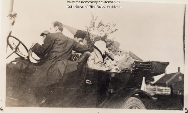 A photo of Sarah Farmer with ‘Abdu’l-Bahá along the road above the Green Acre grounds on Tuesday, August 20, 1912