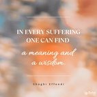 Suffering is both a reminder and a guide. It stimulates us better to adapt ourselves to our environmental conditions, and thus leads the way to self improvement. In every suffering one can find a meaning and a wisdom. But it is not always easy to find the secret of that wisdom. It is sometimes only when all our suffering has passed that we become aware of its usefulness. - Shoghi Effendi  #Bahai #Spirituality #SpiritualGrowth 
(Unfolding Destiny)